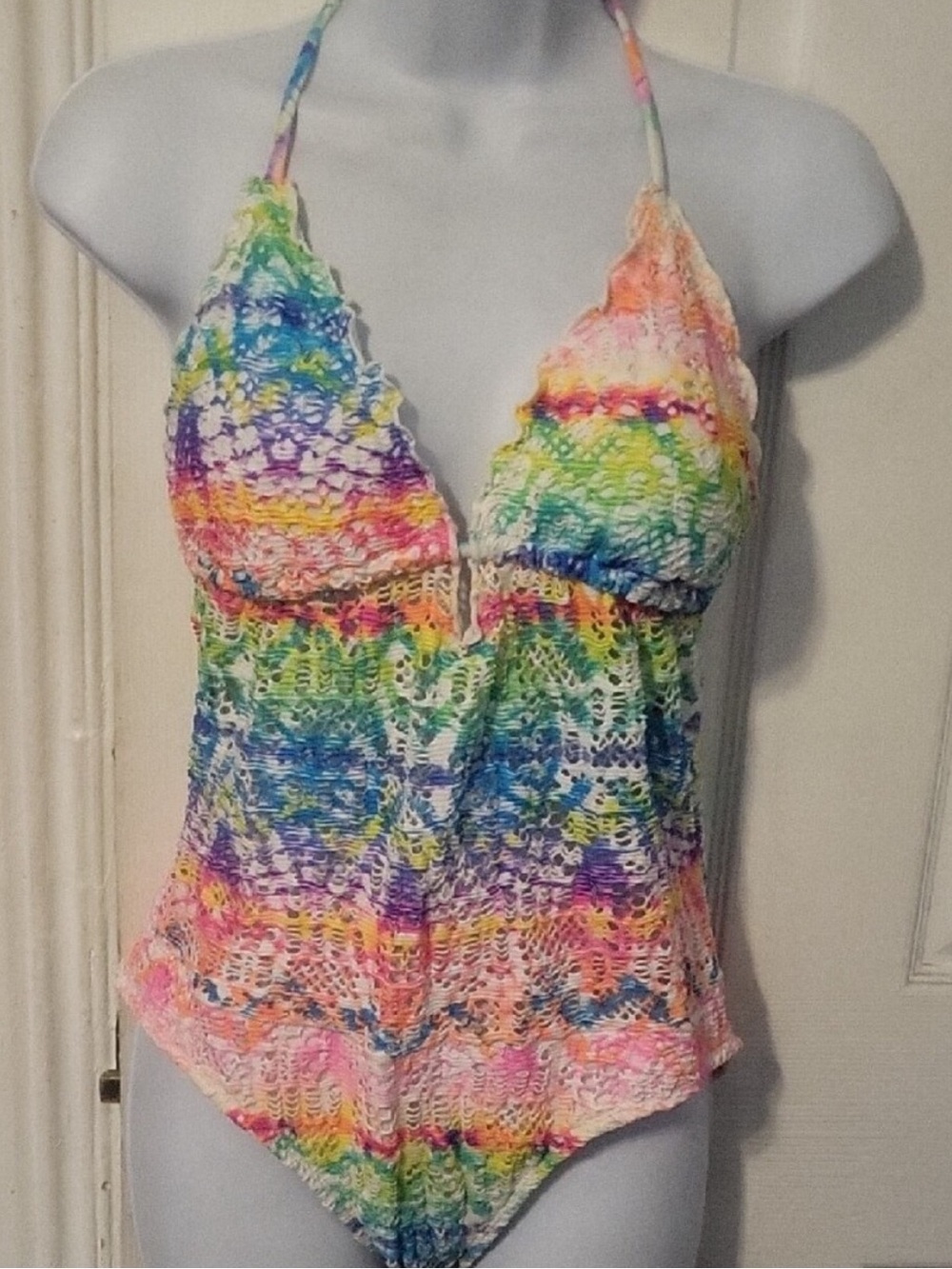 OP Multicolor Crochet-Style One-Piece Swimsuit with Pink Accent
